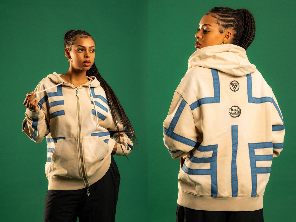 DEMON SLAYER AKAZA ZIP UP HOODIE (CREAM)